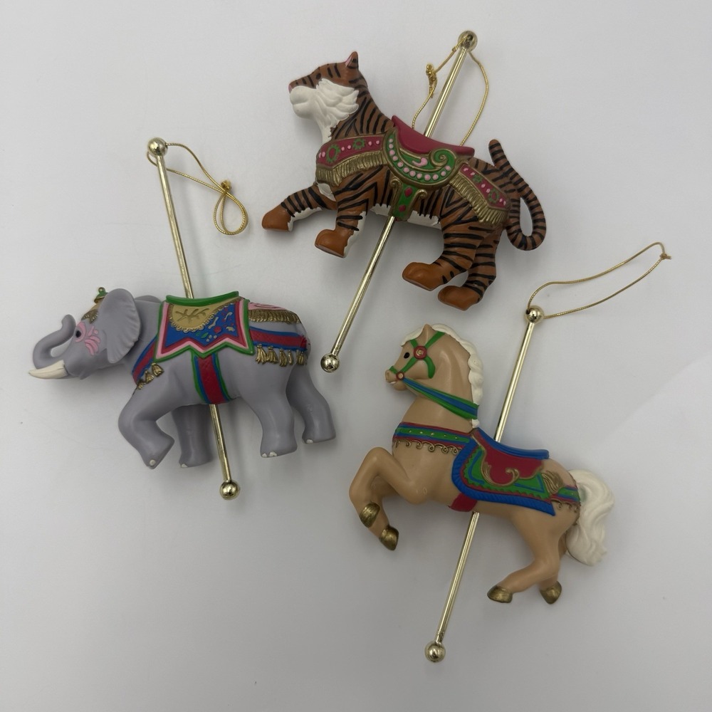 3 Vintage Carousel Horse Tree Ornament Plastic 5" Brown Horse, Tiger, Elephant